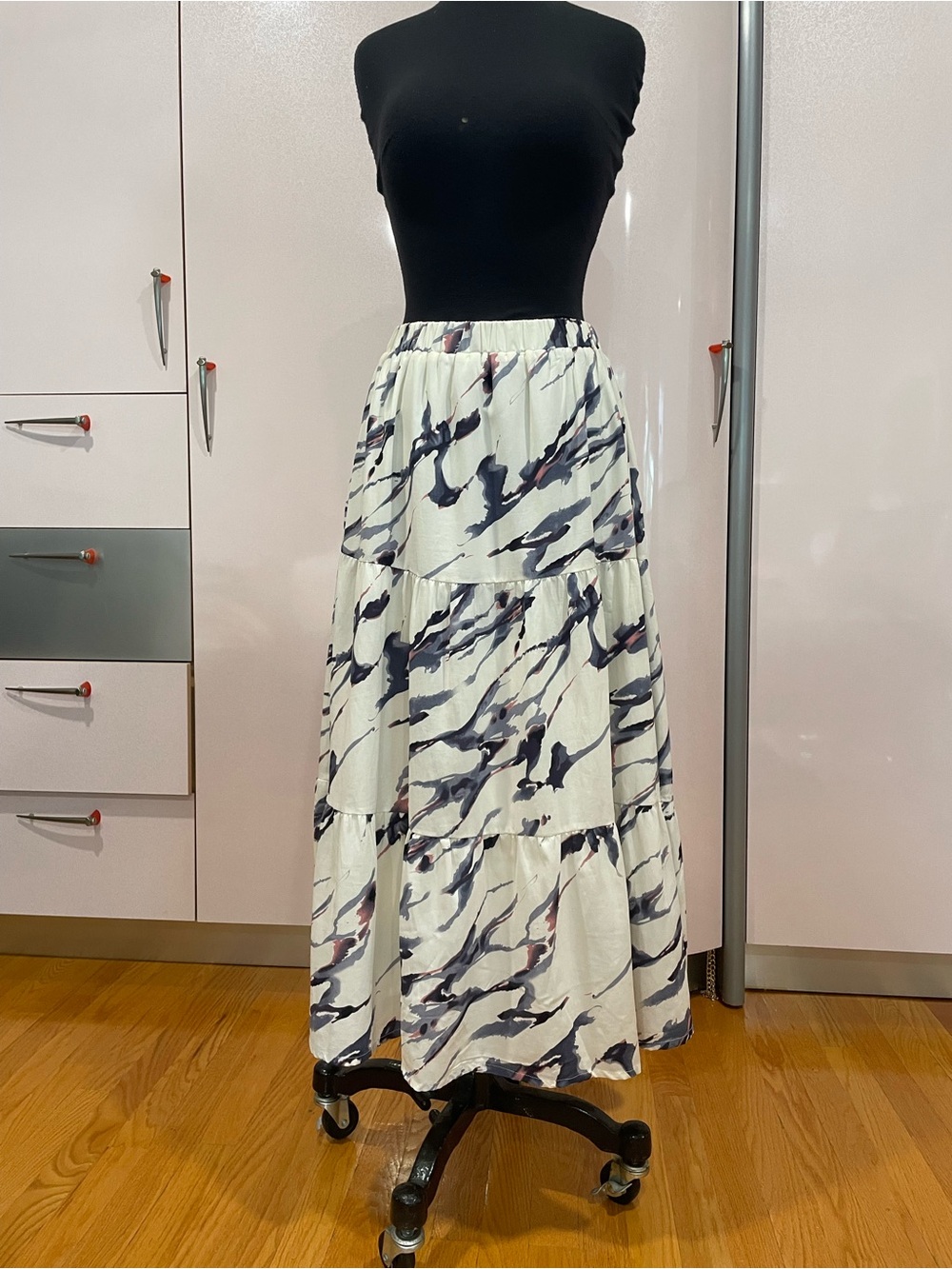 Printed Tiered Maxi Skirt in White and Navy